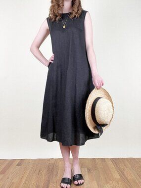100% Linen Minimalist A-Line Lagenlook Midi Sun Dress Summer Loose Relaxed Fit